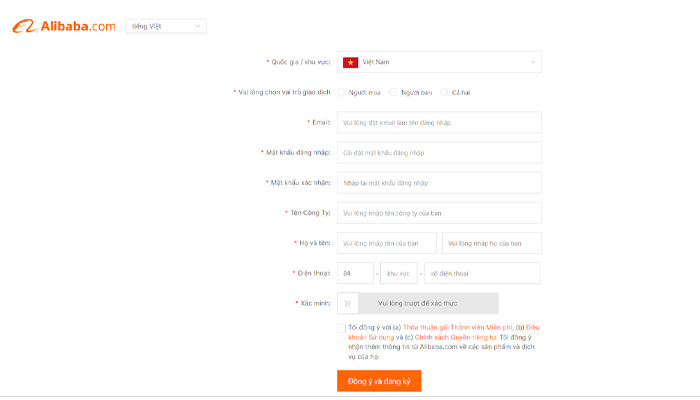Nhập thông tin cá nhân để đăng ký tài khoản đặt hàng trên Alibaba