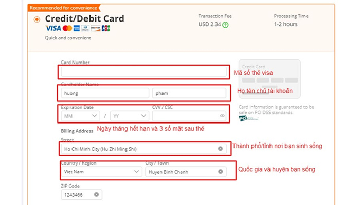 Nhập thông tin thanh toán đơn đặt hàng hóa Alibaba