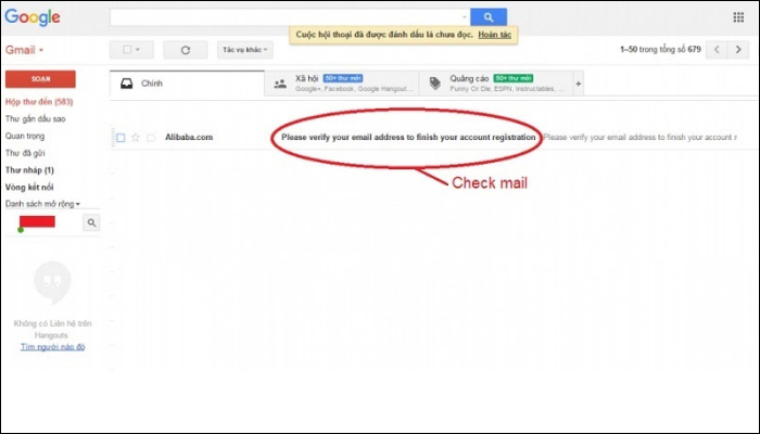 Xác nhận đăng ký tài khoản Alibaba qua email