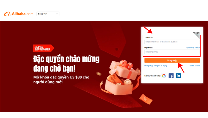 Đăng nhập vào tài khoản mua hàng trên Alibaba