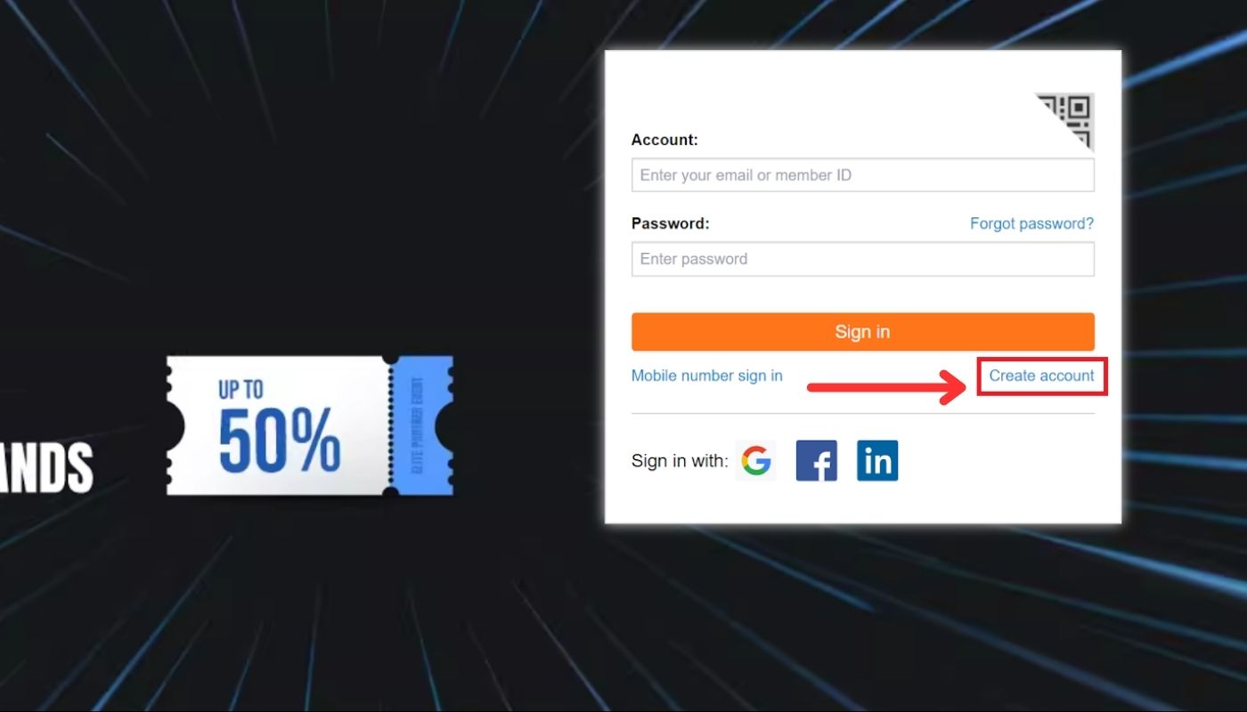 Bấm chọn “Create account” để sử dụng cách đăng ký tài khoản Alibaba bằng SĐT