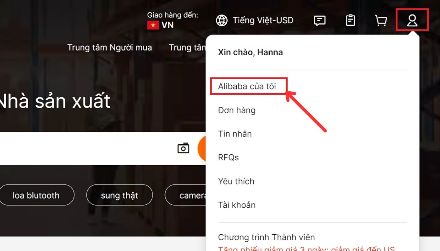 Truy cập vào “Alibaba của tôi” tiến hành xác thực tài khoản qua email