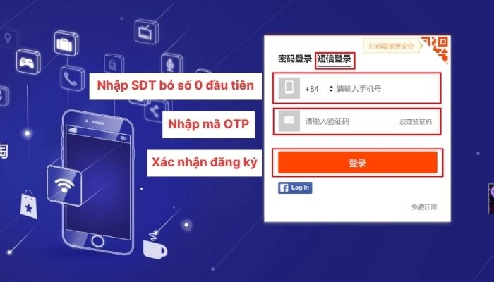 Nhập số điện thoại cá nhân để đăng ký tài khoản taobao