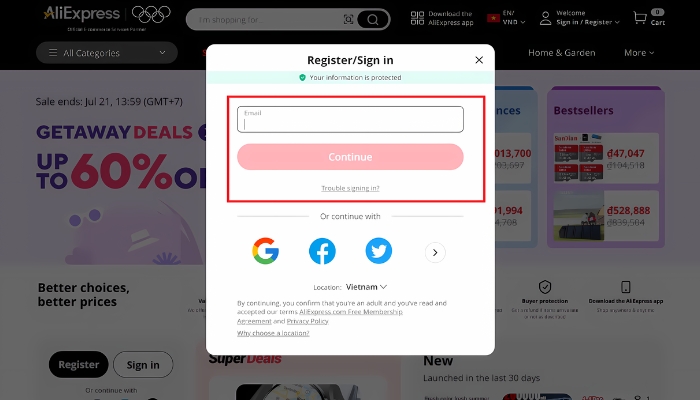 Đăng ký tài khoản Aliexpress bằng email 
