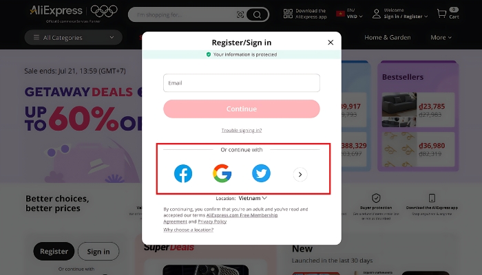 Tạo tài khoản Aliexpress bằng cách liên kết với các tài khoản mạng xã hội