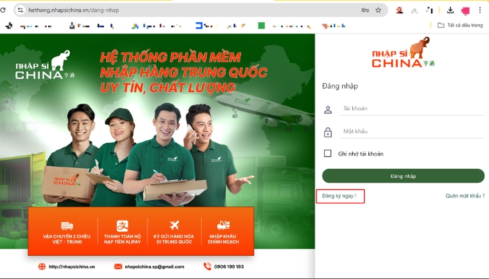 Đăng ký, đăng nhập trên Nhập Sỉ China