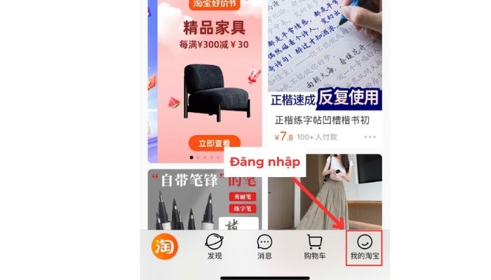 Đăng nhập vào app Taobao